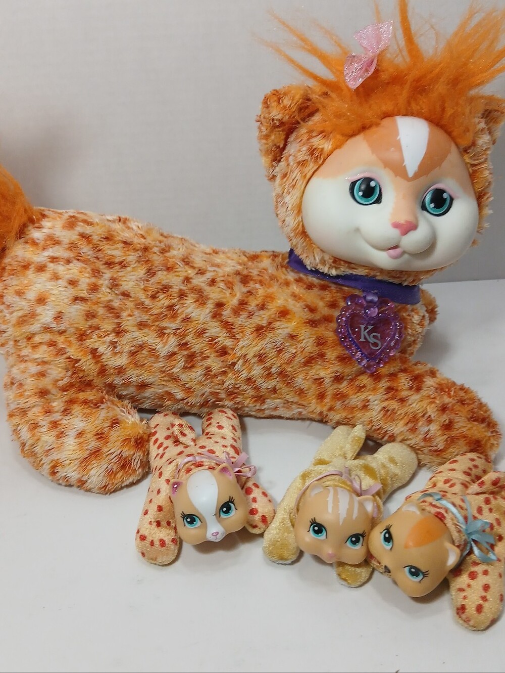 Kitty Surprise Orange Tabby Cheetah Cat w/ 3 Baby Kittens Stuffed Animal Plush